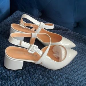 White patent leather dress sling back sandals